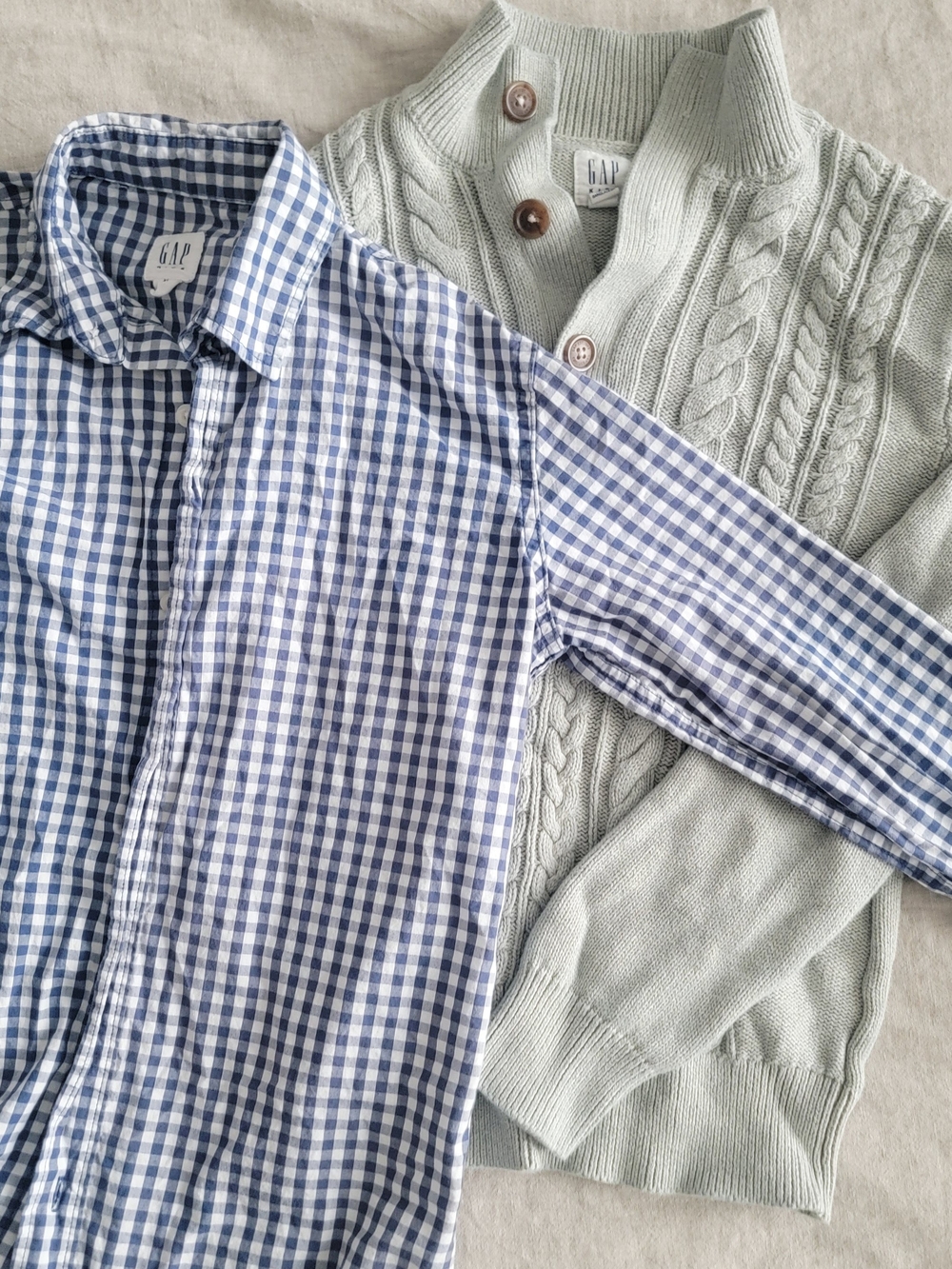 GAP Blue Gingham Button-Up & Light Sage Cable-Knit Sweater Set